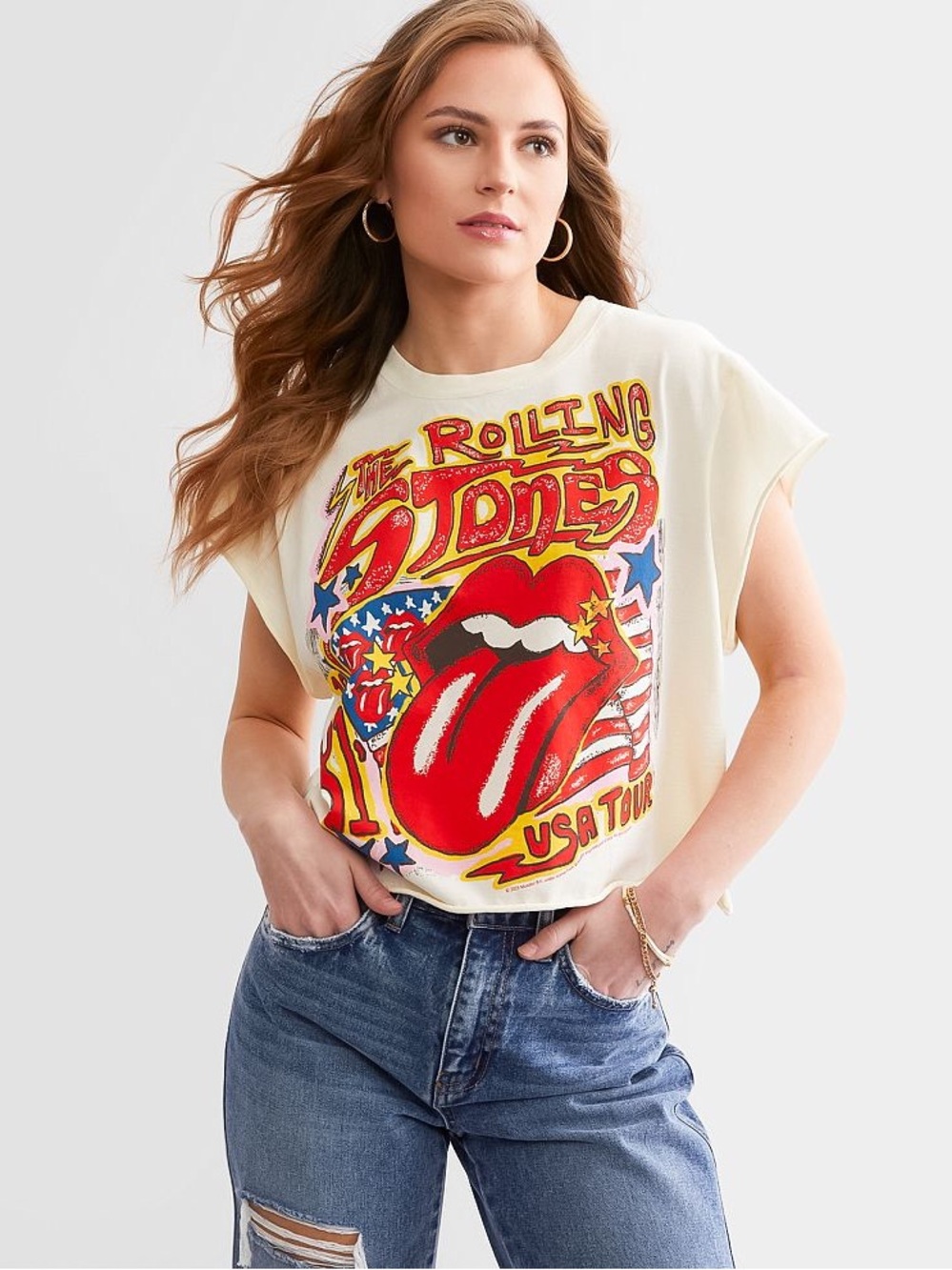 the Rolling Stones Cream Crop Tee with Red Graphic